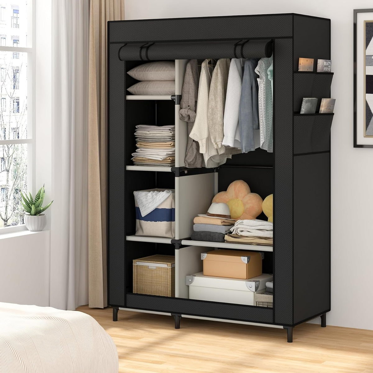 Portable Closet Organizer with 6 Shelves and Hanging Rod