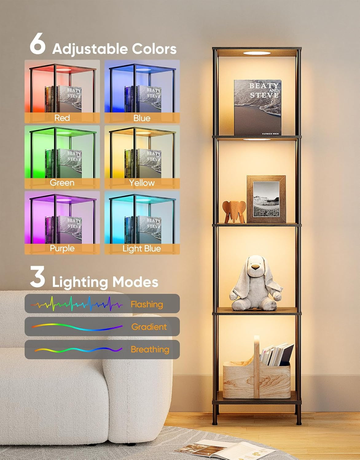 LED Floor Lamp with Display Shelves, Color Changing