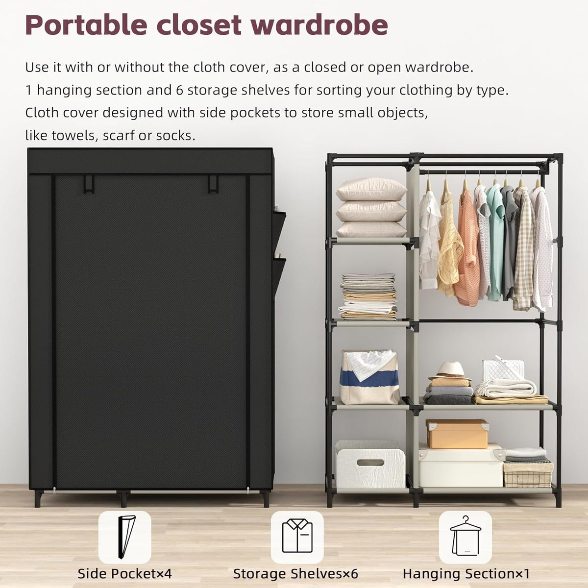 Portable Closet Organizer with 6 Shelves and Hanging Rod