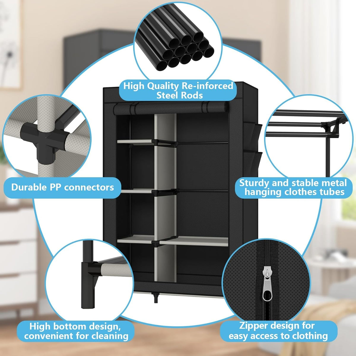 Portable Closet Organizer with 6 Shelves and Hanging Rod